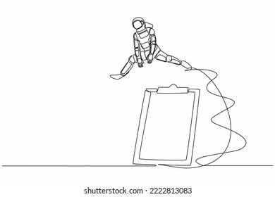 Single continuous line drawing astronaut jumping over clipboard. Checklist space expedition survey application paper sheets document. Cosmonaut deep space. One line graphic design vector illustration