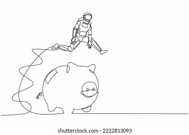 Single continuous line drawing of astronaut jumping over piggy bank. Security money storage, saving for spaceship project investment. Cosmonaut deep space. One line graphic design vector illustration