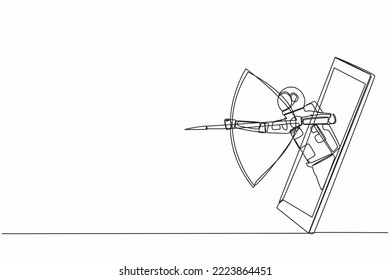 Single continuous line drawing astronaut with bow and arrow getting out of smartphone screen. Online archery game with live mobile app. Cosmonaut deep space. One line draw design vector illustration