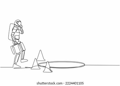 Single continuous line drawing astronaut talking on smartphone and he does not see the hole in front. Spaceman walks to space business trap. Cosmonaut deep space. One line design vector illustration