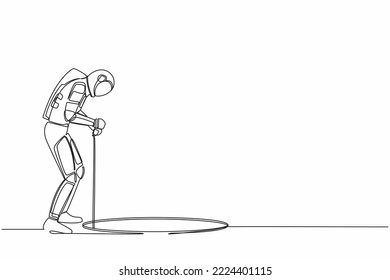Single continuous line drawing of astronaut stretch out rope into hole. Spaceman wondering and looking at hole. Spaceship exploration. Cosmonaut deep space. One line graphic design vector illustration