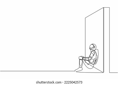 Single continuous line drawing astronaut sitting on floor and lean against wall. Sad and frustration due to space exploration failure. Cosmonaut deep space. One line graphic design vector illustration