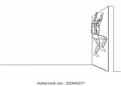 Single continuous line drawing of astronaut climbing obstacle wall in moon surface. Solve expedition problem. Future tech development. Cosmonaut deep space. One line graphic design vector illustration