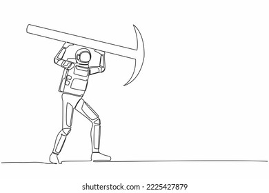 Single continuous line drawing astronaut standing and lifting big pickaxe. Depicts hard work and achievement, in galactic discovery. Cosmonaut deep space. One line graphic design vector illustration