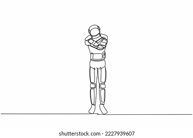 Single continuous line drawing astronaut hugging himself with positive emotion. Charismatic spaceman cuddling oneself in moon surface. Cosmonaut deep space. One line graphic design vector illustration