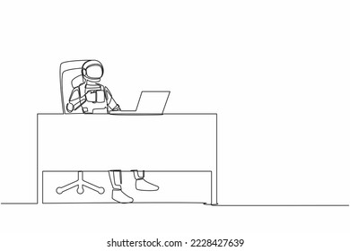 Single continuous line drawing astronaut relaxed at desk and drink cup of coffee. Take break after exploring outer space planets. Cosmonaut deep space. One line draw graphic design vector illustration