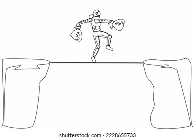 Single continuous line drawing astronaut walk over cliff gap mountain carry two money bag. Risking and dangerous in space expedition. Cosmonaut deep space. One line graphic design vector illustration