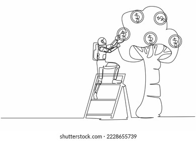 Single continuous line drawing astronaut climb ladder and picking dollar coin from money tree. Harvesting spaceship investment. Cosmonaut deep space. One line draw graphic design vector illustration