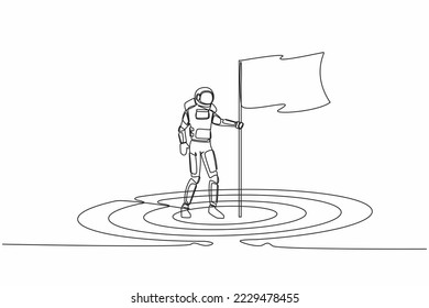 Single continuous line drawing astronaut plant flag in center of target board with arrow. Spaceman ensure space expedition goals. Cosmonaut deep space. One line draw graphic design vector illustration