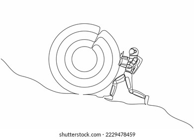 Single continuous line drawing astronaut pushing big target to mountain. Galactic wormhole journey goal too difficult to achieve. Cosmonaut deep space. One line draw graphic design vector illustration