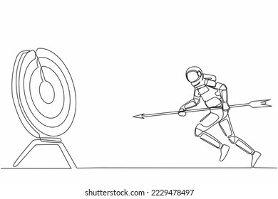 Single continuous line drawing astronaut holding arrow in hand to shoot target. Aim and mission to achieve galactic wormhole expedition. Cosmonaut deep space. One line draw design vector illustration