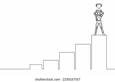 Single continuous line drawing astronaut climb graph staircase to reach and lifting up trophy. Successful in interstellar spaceship journey. Cosmonaut deep space. One line design vector illustration