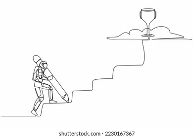 Single continuous line drawing of astronaut using huge pencil to draw stairs and walk climbing up to reach trophy. Idea in spaceship industry. Cosmonaut deep space. One line design vector illustration