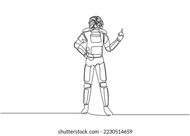 Single continuous line drawing astronaut with round scribbles instead of head, standing showing threatening gesture with clenched fist. Cosmonaut deep space. One line draw design vector illustration