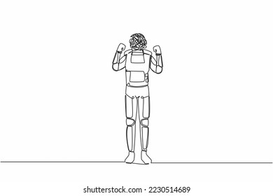 Single continuous line drawing astronaut with round scribbles instead of head. Angry robot raised fist and shout screaming expression. Cosmonaut deep space. One line graphic design vector illustration