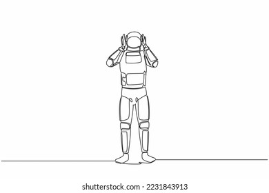 Un solo dibujo continuo del astronauta tiene dolor de cabeza, manos en la cabeza, migraña, dolor de cabeza debido a la quiebra de una compañía de naves espaciales. Espacio profundo cosmonauta. Ilustración vectorial de diseño gráfico de una línea