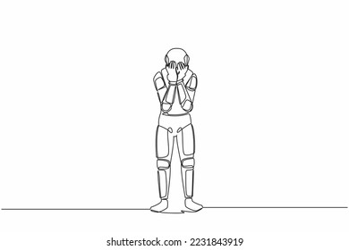 Single continuous line drawing astronaut standing and cover face with his hands. Depression and disappointment in space exploration. Cosmonaut deep space. One line graphic design vector illustration