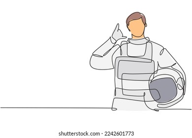 Single continuous line drawing astronaut with call me gesture wearing spacesuits to explore outer space in search mysteries of universe. Great job. One line draw graphic design vector illustration