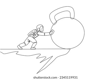 El astronauta de una sola línea continua empuja un timbre gigante sobre el borde de un acantilado. El ejercicio construye músculos en el espacio. El concepto de hombre duro en el espacio ultraterrestre. Ilustración vectorial de diseño de una línea