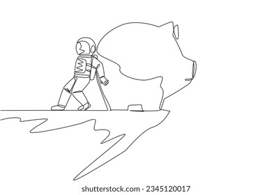 Single continuous line drawing astronaut pushed giant piggy bank down with his back from the edge of the cliff. Failed to save, the piggy bank is always empty. One line design vector illustration