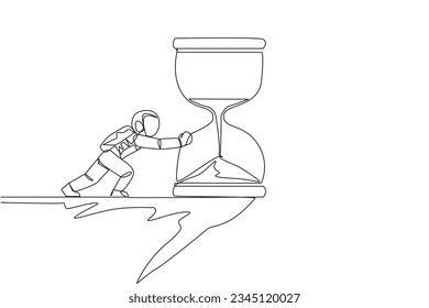 Single continuous line drawing astronaut pushes giant hourglass over the edge of a cliff. Without a deadline, the expedition on the lunar surface was extended. One line design vector illustration
