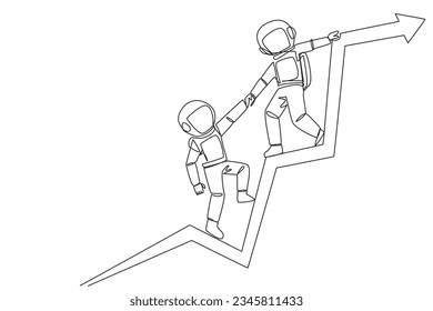 Single continuous line drawing astronaut pulls arm of another astronaut that fell from graphic arrow. Team work to strengthen each other. Cosmic galaxy deep space. One line design vector illustration