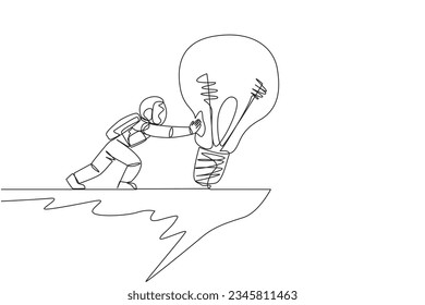 Single continuous line drawing astronaut pushes a large lightbulb over the edge of a cliff. Dropping brilliant ideas fell into a steep abyss. Spontaneity. Spaceman. One line design vector illustration