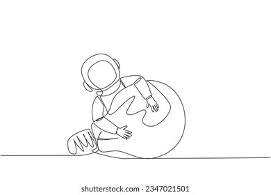 Single continuous line drawing astronaut hugging lightbulb. Astronaut build the first data-processing robot to facilitate search for water and ice on lunar surface. One line design vector illustration