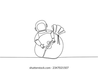 Single continuous line drawing astronaut hugging money bag. The expedition team return to earth. Astronauts received fee that beyond expectations. Rich astronaut. One line design vector illustration