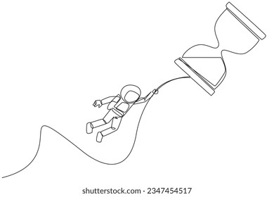 Single continuous line drawing astronaut holding on to flying hourglass. Natural fly. Fly free. Anti gravity. Cosmic galaxy deep space. Cosmonaut and spaceflight. One line design vector illustration