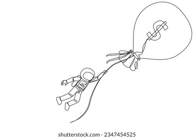 Single continuous line drawing astronaut holding on to a flying money bag. The metaphor of lots of money will make many wishes come true. Wealthy astronaut. Cosmic. One line design vector illustration