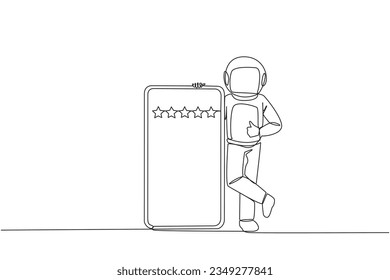 Single continuous line drawing astronaut stands casually next to a large smartphone, other hand giving a thumbs up gesture. Give review five star. Cosmonaut deep space. One line vector illustration