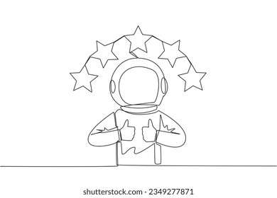 Single continuous line drawing astronaut giving two thumbs up, above head there are 5 stars forming semicircle. Exciting online shopping experience. Review 5 star. Cosmic. One line vector illustration