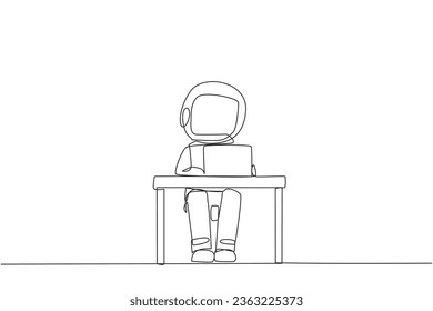 Single continuous line drawing astronaut sitting and typing on laptop computer. Prepare important data to presenting in front of spaceship's Directors. Hectic. One line design vector illustration