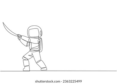 Single continuous line drawing astronaut holding samurai. Stylized like samurai athlete guarding business. Prepared to eliminate disrupt business growth. Spaceman. One line design vector illustration