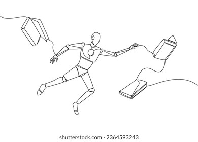 Single continuous line drawing astronaut floating in space trying to pick up books. No gravity makes it float. Basic space knowledge. Tech book festival concept. One line design vector illustration