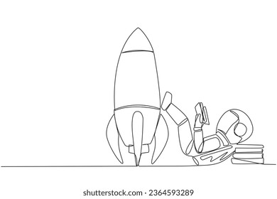 Single continuous line drawing astronaut lying on back while reading a book. Eliminate nervous by relaxing by reading a fiction book. Very good habit. Space book festival. One line vector illustration