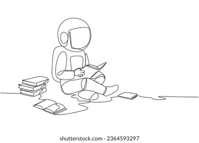 Single continuous line drawing astronaut sitting relax in library reading lot of books. Looking for answers to assignments. Hobby reading. Book festival concept. One line design vector illustration