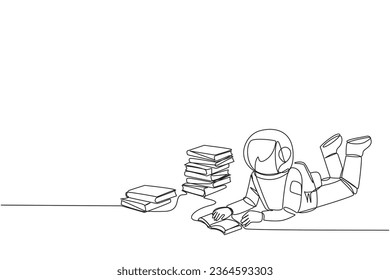 Single continuous line drawing astronaut really likes reading. Everyday one book is read. Good habit. There is no day without reading book. Book festival concept. One line design vector illustration