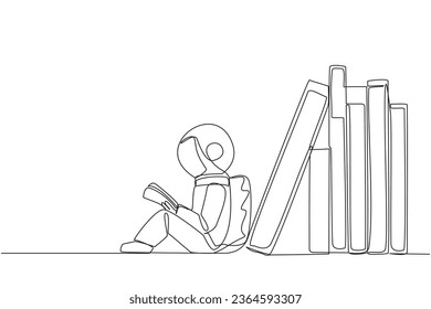 Single continuous line drawing astronaut reading sitting leaning against pile of books. Habit of reading book every day. Library. Good habit. Book festival concept. One line design vector illustration