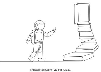 Single continuous line drawing astronaut climb stairs from the book stack. Towards the wide open door. Metaphor of finding the answers from books. Book festival. One line design vector illustration