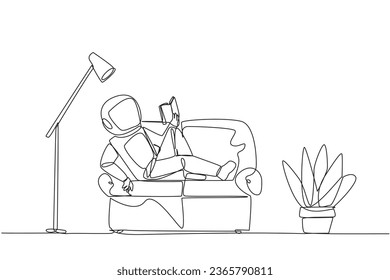 Single continuous line drawing astronaut sitting stretched out on sofa reading book. Really like content of the book reading on each page. Impressive. Love read. One line design vector illustration