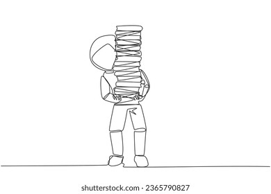 Single continuous line drawing astronaut carrying tall stack of books covering itself. Newly purchase book from bookstore. Read books one by one at home. Reading. One line design vector illustration