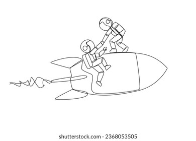 Der Astronaut mit einer durchgehenden Linie hilft dem Kollegen beim Aufsteigen der Flugrakete. Metaphern helfen bei der Verwaltung von Unternehmensbranchen. Wie das vorherige Geschäft in die Höhe geschnellt. Eine Linie design, Vektorgrafik-Illustration