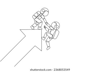 Single continuous line drawing astronaut helps colleague climb the big rising arrow symbol. Compact teamwork. Positive effect on company. Complete work correctly. One line design vector illustration