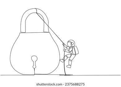 Single continuous line drawing astronaut climbing padlock with rope. Do the best to privatize the business. Sole owner. The result of smart hard work. Satisfied. One line design vector illustration