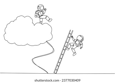 Single continuous line drawing astronaut kicks opponent who climbing the cloud with a ladder. Perfect achievement in business. Bring down competitors in any way. One line design vector illustration