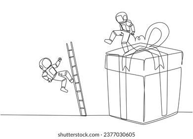 Single continuous line drawing the astronaut kicks opponent who is climbing the gift box with the ladder. Competition justifies any means to get rewards. The rival. One line design vector illustration