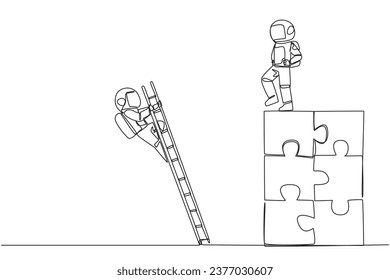 Single continuous line drawing the astronaut kicks opponent who climbing the puzzle with the stairs. Betrayed by colleague when successfully resolving a problem. One line design vector illustration