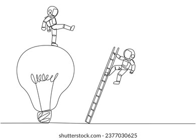 Single continuous line drawing astronaut kicks opponent who climbing the lightbulb with a ladder. Dropping colleague because don't have bright ideas. The traitor. One line design vector illustration